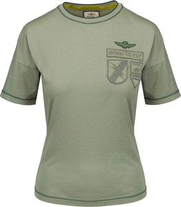 Zielona bluzka Aeronautica Militare z krótkim rękawem w militarnym stylu z okrągłym dekoltem