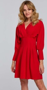 Czerwona sukienka Makover w stylu casual z długim rękawem z dekoltem w kształcie litery v