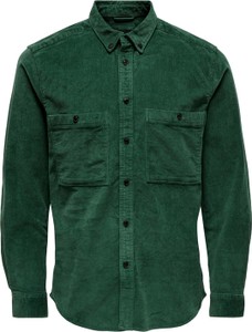 Zielona koszula Only & Sons ze sztruksu z długim rękawem w stylu casual