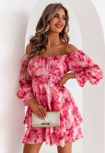 Różowa sukienka Pakuten hiszpanka z długim rękawem mini