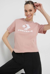 Różowy t-shirt Converse z krótkim rękawem z dzianiny z okrągłym dekoltem
