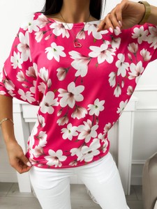 Różowa bluzka ModnaKiecka.pl z okrągłym dekoltem w stylu casual z długim rękawem