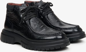 Czarne buty zimowe Estro sznurowane ze skóry