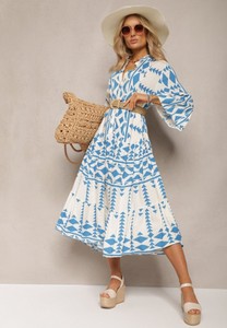 Niebieska sukienka Renee w stylu casual z długim rękawem w geometryczne wzory