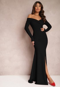 Czarna sukienka Renee maxi z dekoltem w kształcie litery v z długim rękawem