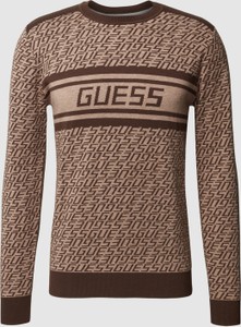 Brązowy sweter Guess w młodzieżowym stylu z okrągłym dekoltem z wełny