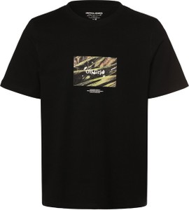 Czarny t-shirt Jack & Jones z krótkim rękawem w młodzieżowym stylu z nadrukiem