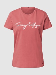 Różowy t-shirt Tommy Hilfiger z krótkim rękawem z bawełny z okrągłym dekoltem