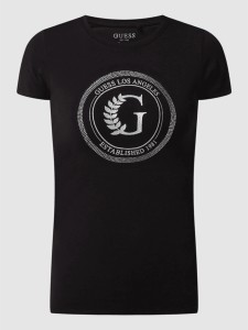 Czarny t-shirt Guess z krótkim rękawem w młodzieżowym stylu z okrągłym dekoltem