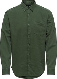 Zielona koszula Only & Sons z długim rękawem z kołnierzykiem button down z bawełny