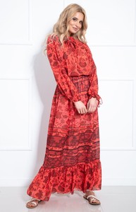 Czerwona sukienka Fobya z tkaniny maxi z dekoltem w kształcie litery v