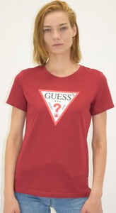 Czerwony t-shirt Guess w młodzieżowym stylu z okrągłym dekoltem z krótkim rękawem