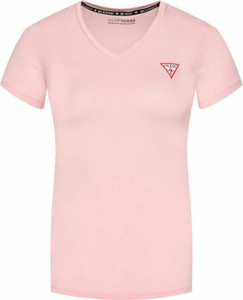Różowy t-shirt Guess w stylu casual z krótkim rękawem z bawełny