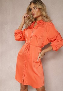 Pomarańczowa sukienka Renee w stylu casual koszulowa z długim rękawem