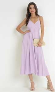 Fioletowa sukienka born2be z dekoltem w kształcie litery v midi w stylu casual