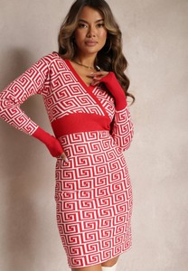 Czerwona sukienka Renee z długim rękawem z dekoltem w kształcie litery v