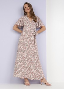 Różowa sukienka born2be z krótkim rękawem z dekoltem w kształcie litery v maxi