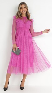 Różowa sukienka born2be midi z dekoltem w kształcie litery v