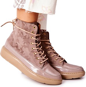 Różowe trampki Lewski Shoes z płaską podeszwą w militarnym stylu ze skóry