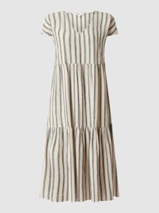 Brązowa sukienka Tom Tailor Denim z krótkim rękawem trapezowa z dekoltem w kształcie litery v
