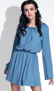 Niebieska sukienka Fobya z okrągłym dekoltem z długim rękawem mini