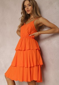 Pomarańczowa sukienka Renee na ramiączkach z tkaniny z dekoltem w kształcie litery v