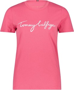 Różowy t-shirt Tommy Hilfiger w młodzieżowym stylu z okrągłym dekoltem z bawełny