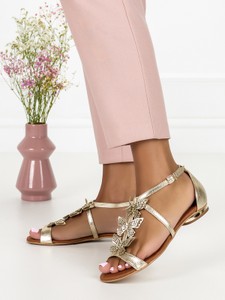 Złote sandały Casu ze skóry z płaską podeszwą w stylu casual