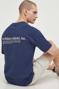 Granatowy t-shirt New Balance z krótkim rękawem z bawełny w sportowym stylu