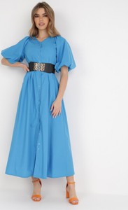 Niebieska sukienka born2be z dekoltem w kształcie litery v maxi koszulowa