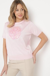 Różowa bluzka born2be z okrągłym dekoltem z krótkim rękawem