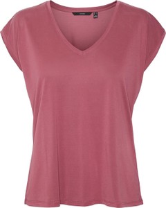 Różowy t-shirt Vero Moda z krótkim rękawem z dekoltem w kształcie litery v w stylu casual