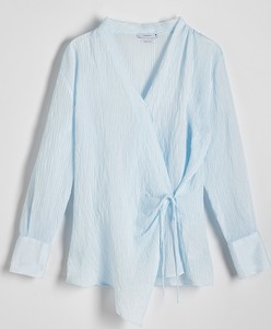 Niebieska bluzka Reserved z długim rękawem z dekoltem w kształcie litery v z tkaniny