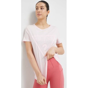 Różowa bluzka Guess w młodzieżowym stylu z okrągłym dekoltem
