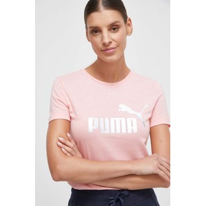 Różowy t-shirt Puma z dzianiny z krótkim rękawem z okrągłym dekoltem
