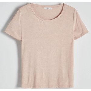 Różowy t-shirt Reserved z krótkim rękawem w stylu casual z okrągłym dekoltem