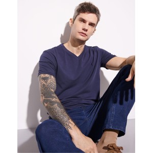 Granatowy t-shirt Ochnik z bawełny z krótkim rękawem w stylu casual
