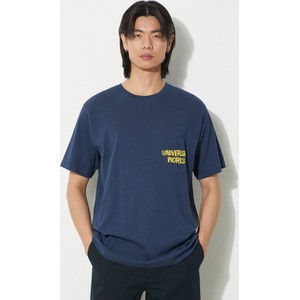Granatowy t-shirt Universal Works z bawełny z nadrukiem z krótkim rękawem