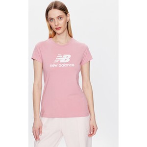 Różowy t-shirt New Balance z okrągłym dekoltem w sportowym stylu z krótkim rękawem