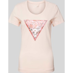 Różowy t-shirt Guess z okrągłym dekoltem w młodzieżowym stylu z krótkim rękawem
