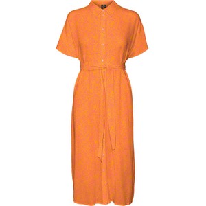 Pomarańczowa sukienka Vero Moda midi z krótkim rękawem z tkaniny
