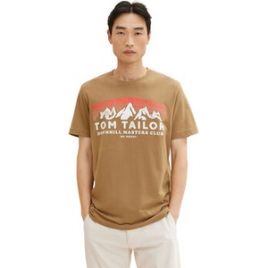 Brązowy t-shirt Tom Tailor z krótkim rękawem w młodzieżowym stylu