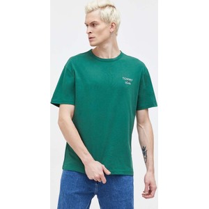 Zielony t-shirt Tommy Jeans z krótkim rękawem z bawełny w sportowym stylu
