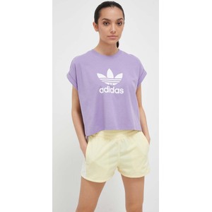 Fioletowy t-shirt Adidas Originals z okrągłym dekoltem z bawełny z krótkim rękawem
