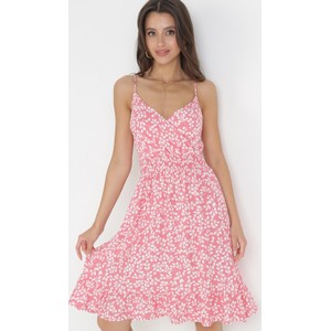 Różowa sukienka born2be mini z bawełny z dekoltem w kształcie litery v