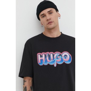 Czarny t-shirt Hugo Blue z bawełny z nadrukiem z krótkim rękawem