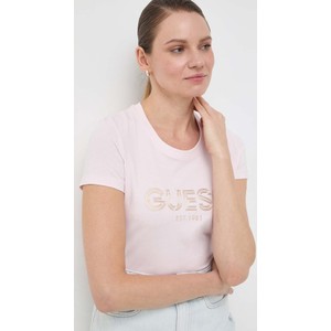 Różowy t-shirt Guess z bawełny z okrągłym dekoltem w młodzieżowym stylu