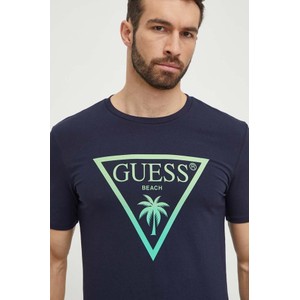Granatowy t-shirt Guess z bawełny z krótkim rękawem w młodzieżowym stylu