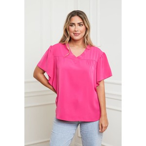 Różowa bluzka Plus Size Company z dekoltem w kształcie litery v z krótkim rękawem w stylu casual