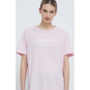 Różowy t-shirt Guess z krótkim rękawem z bawełny